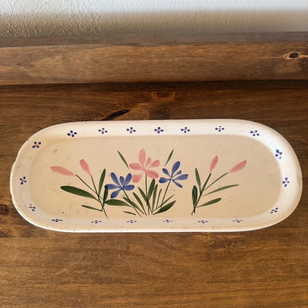 Vintage Hand Painted Floral Ceramic Tray Oval Folk Art Decorative Platter Cream
